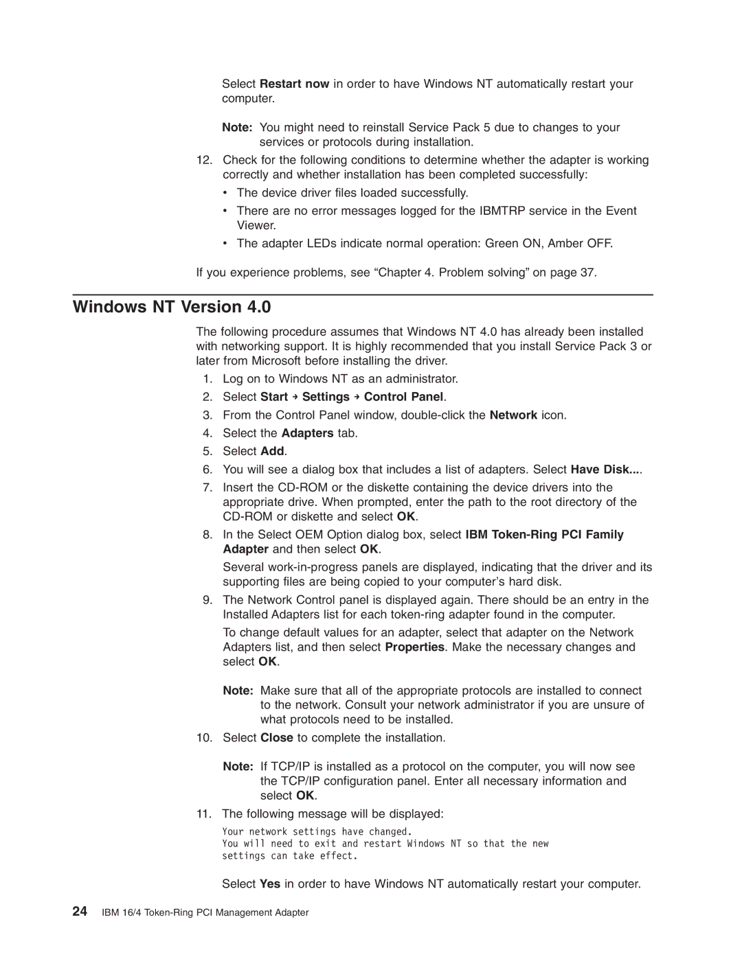 IBM 16/4 Token-Ring manual Select Start → Settings → Control Panel 