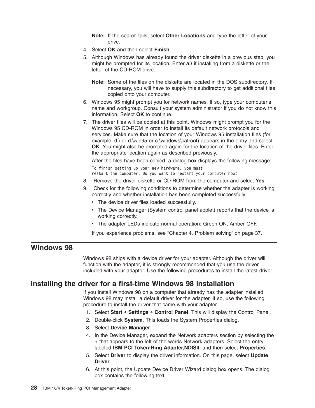 IBM 16/4 Token-Ring manual Select Device Manager 