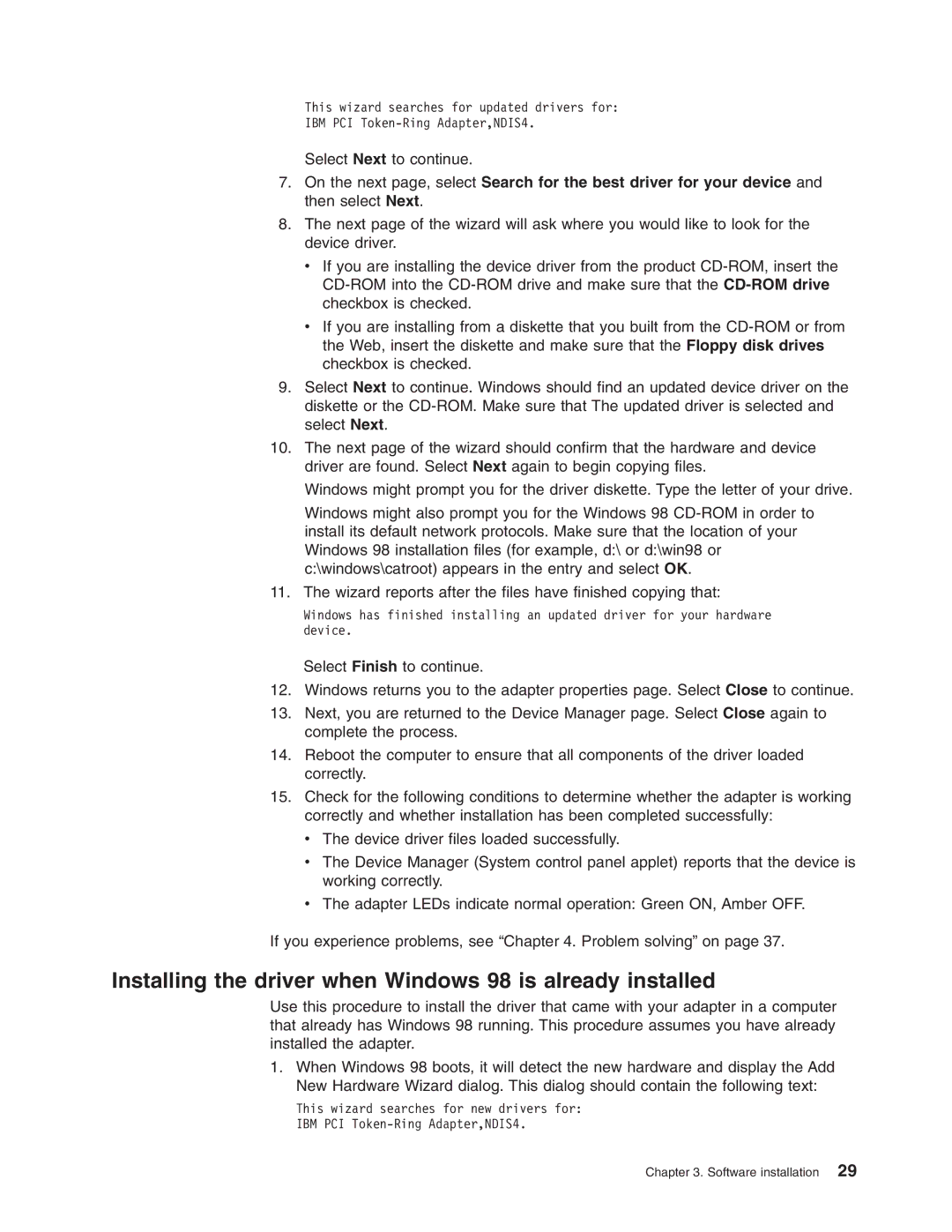 IBM 16/4 Token-Ring manual Installing the driver when Windows 98 is already installed 