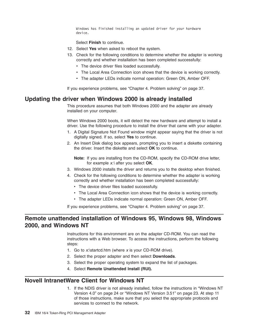 IBM 16/4 Token-Ring Updating the driver when Windows 2000 is already installed, Novell IntranetWare Client for Windows NT 