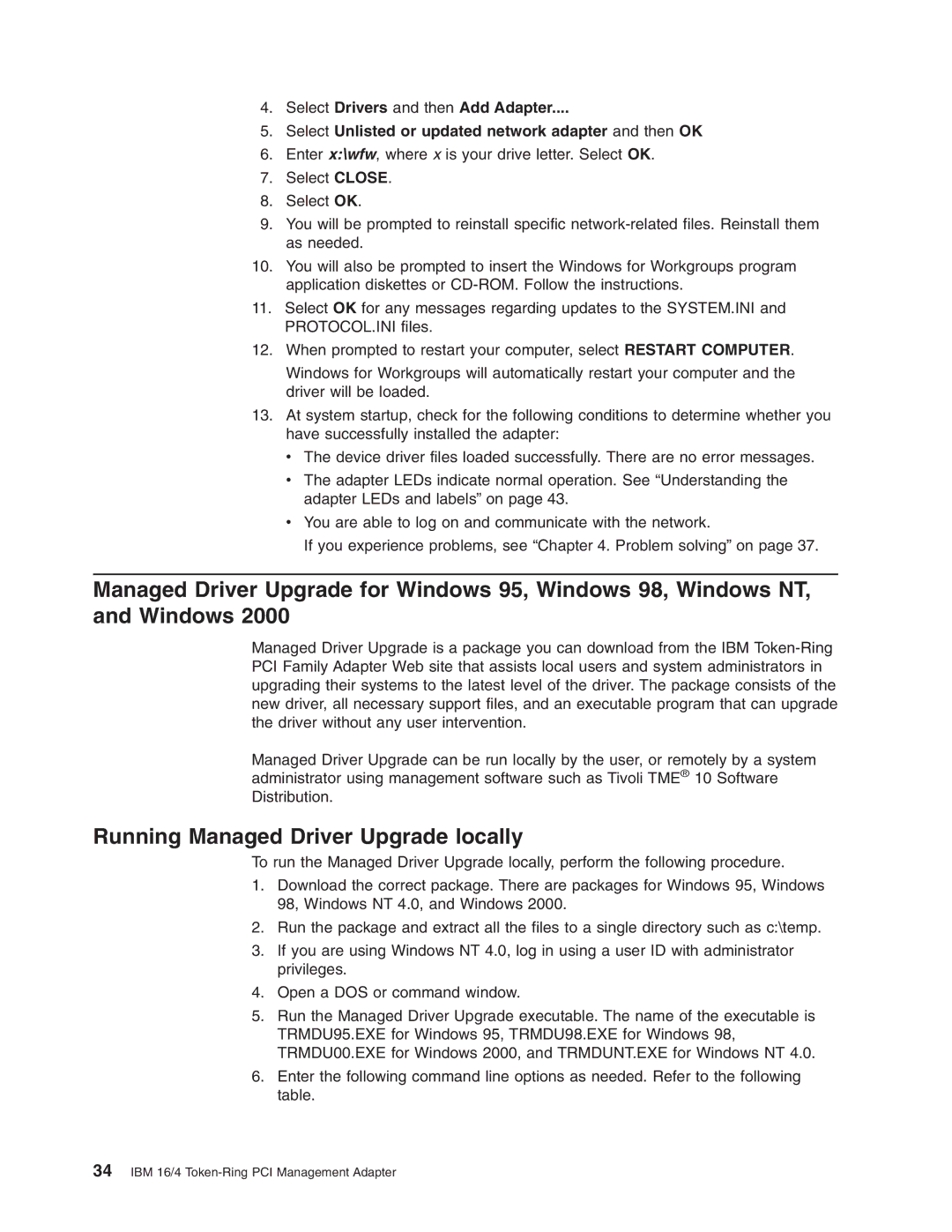 IBM 16/4 Token-Ring manual Running Managed Driver Upgrade locally 