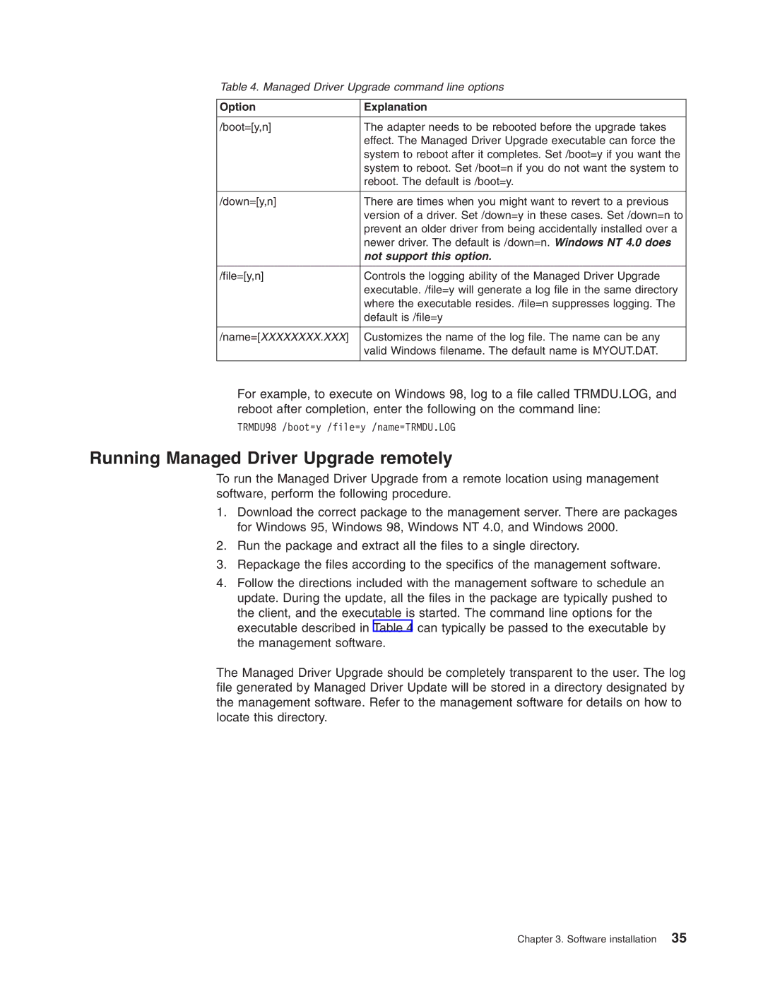 IBM 16/4 Token-Ring manual Running Managed Driver Upgrade remotely, Option Explanation 