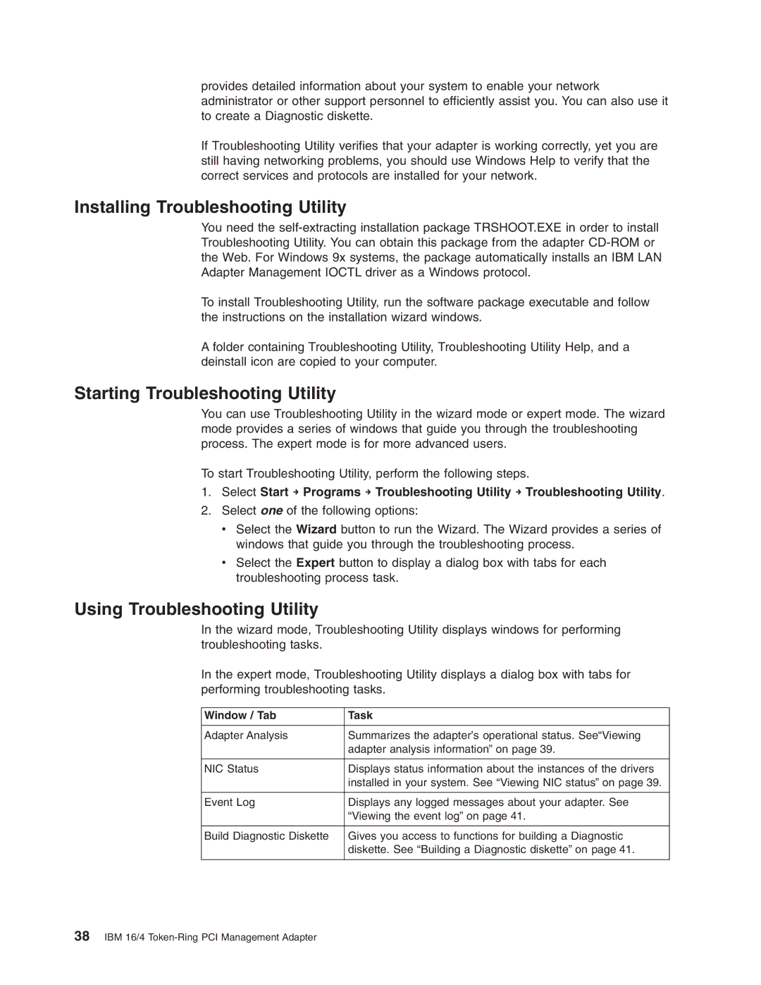 IBM 16/4 Token-Ring manual Installing Troubleshooting Utility, Starting Troubleshooting Utility, Window / Tab Task 