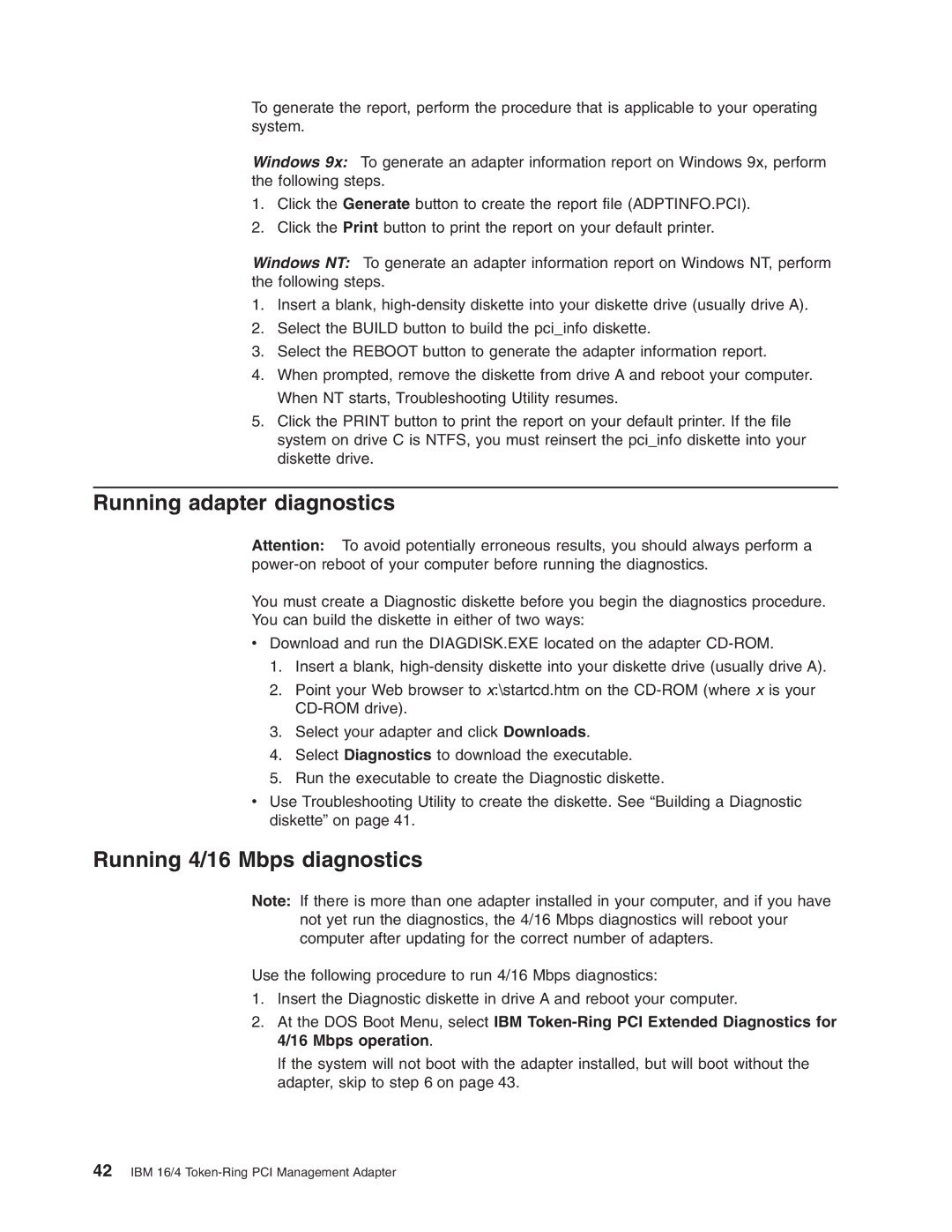 IBM 16/4 Token-Ring manual Running adapter diagnostics, Running 4/16 Mbps diagnostics 