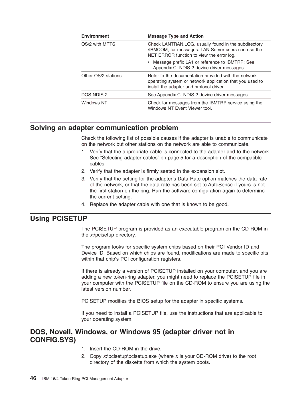 IBM 16/4 Token-Ring manual Solving an adapter communication problem, Using Pcisetup 