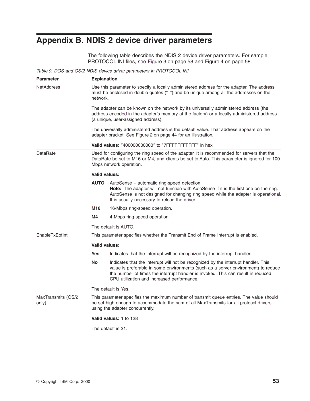 IBM 16/4 Token-Ring manual Appendix B. Ndis 2 device driver parameters, PROTOCOL.INI files, see on page 58 and on 