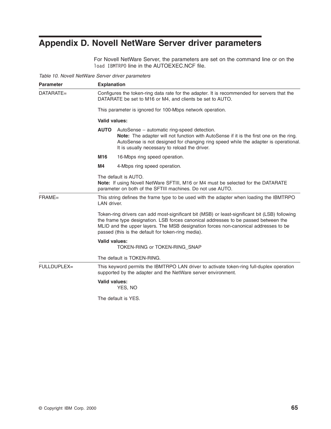 IBM 16/4 Token-Ring manual Appendix D. Novell NetWare Server driver parameters, Load Ibmtrpo line in the AUTOEXEC.NCF file 