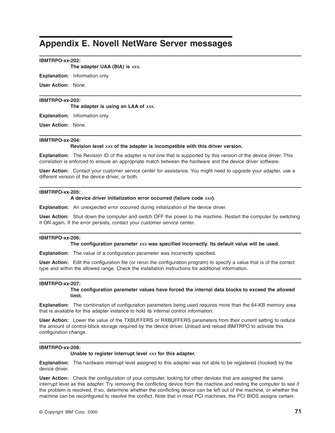 IBM 16/4 Token-Ring manual Appendix E. Novell NetWare Server messages, IBMTRPO-xx-202 Adapter UAA BIA is 