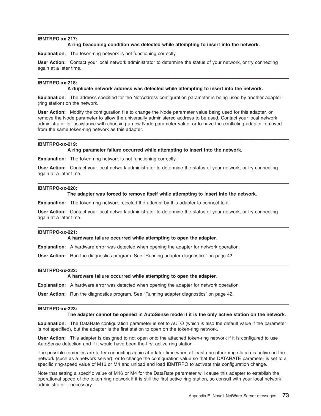 IBM 16/4 Token-Ring manual Appendix E. Novell NetWare Server messages 
