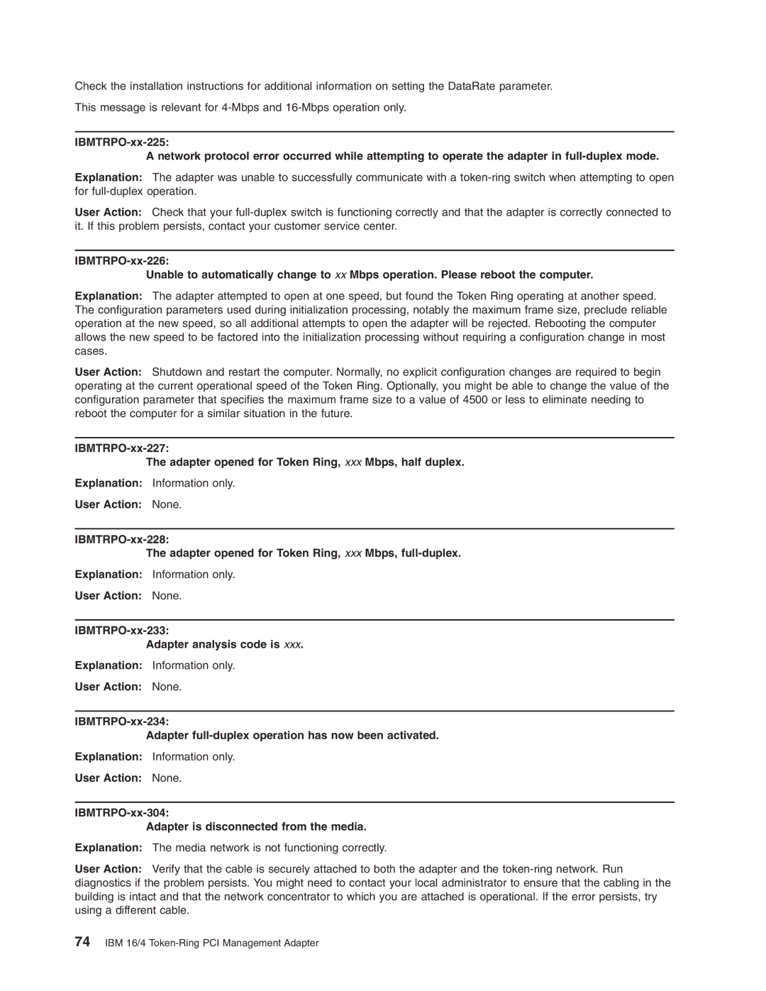 IBM 16/4 Token-Ring manual User Action None IBMTRPO-xx-233 Adapter analysis code is 