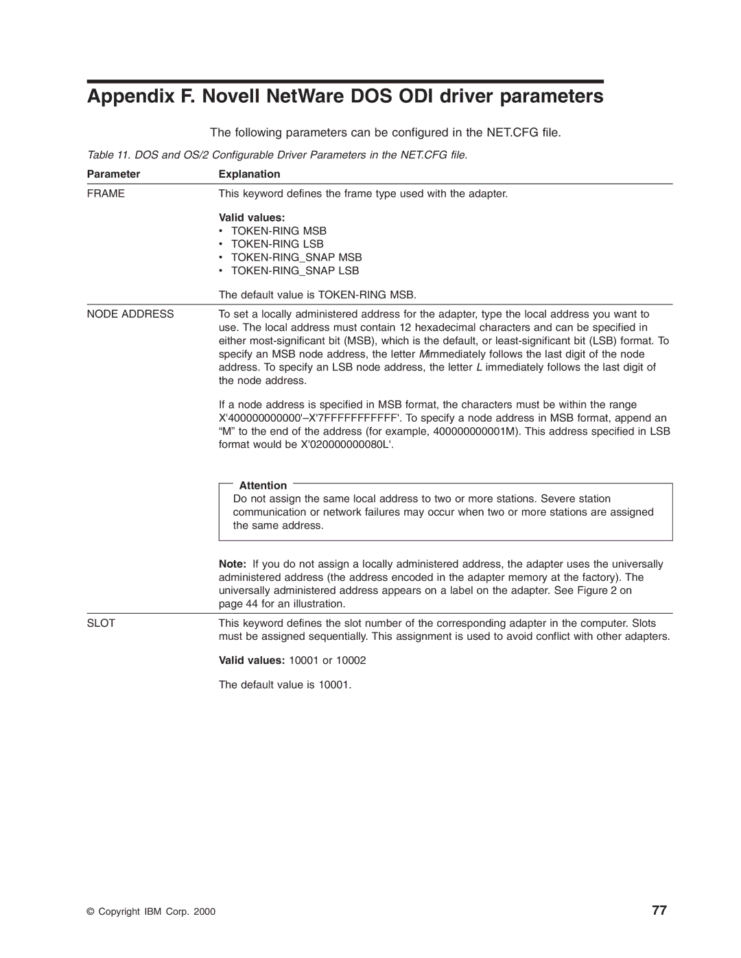 IBM 16/4 Token-Ring manual Appendix F. Novell NetWare DOS ODI driver parameters 