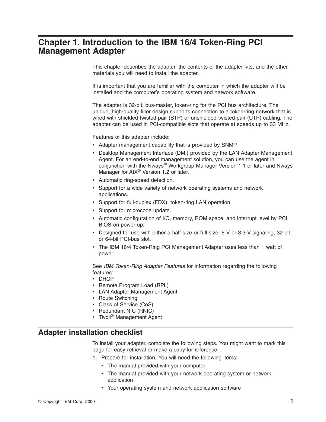 IBM 16/4 Token-Ring manual Adapter installation checklist 