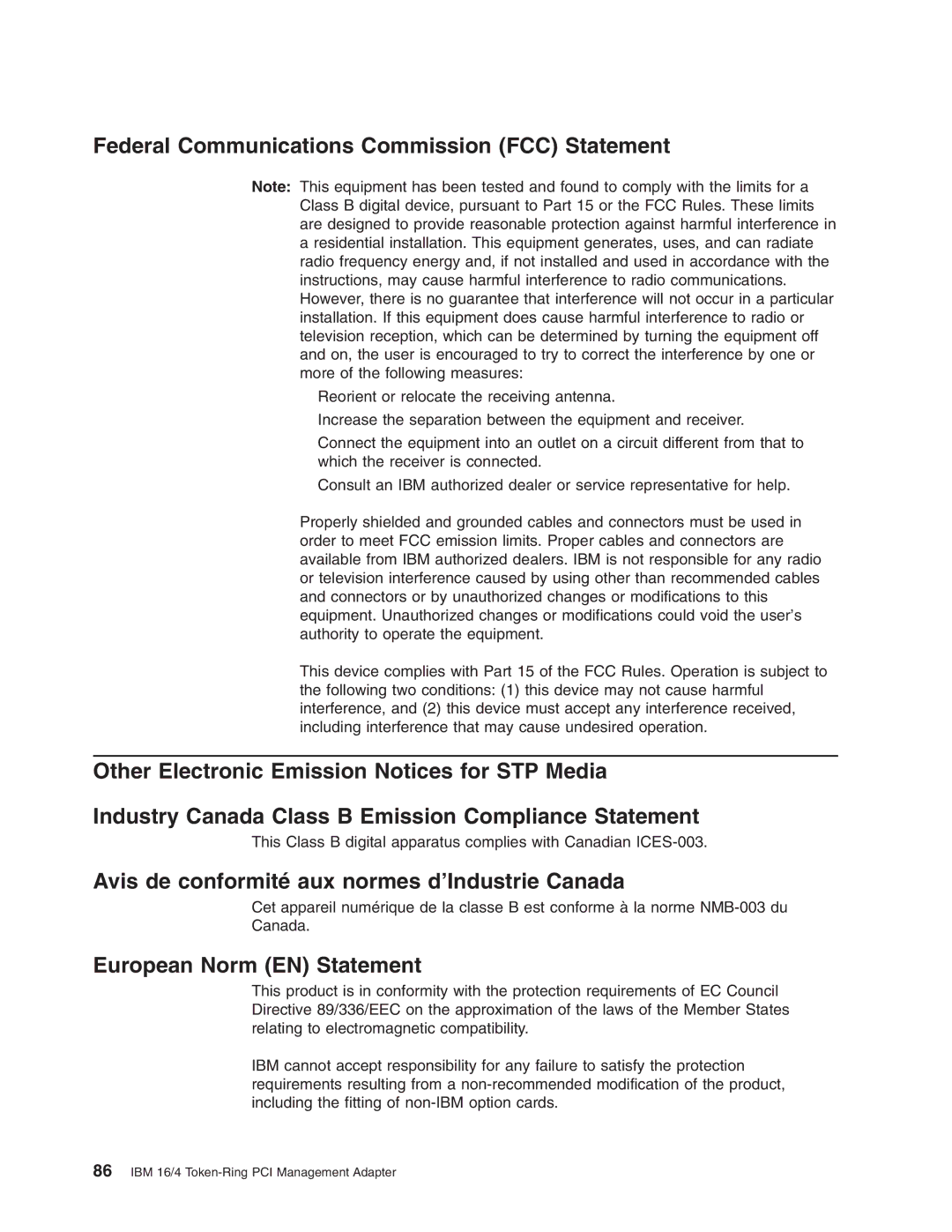 IBM 16/4 Token-Ring Federal Communications Commission FCC Statement, Avis de conformité aux normes d’Industrie Canada 