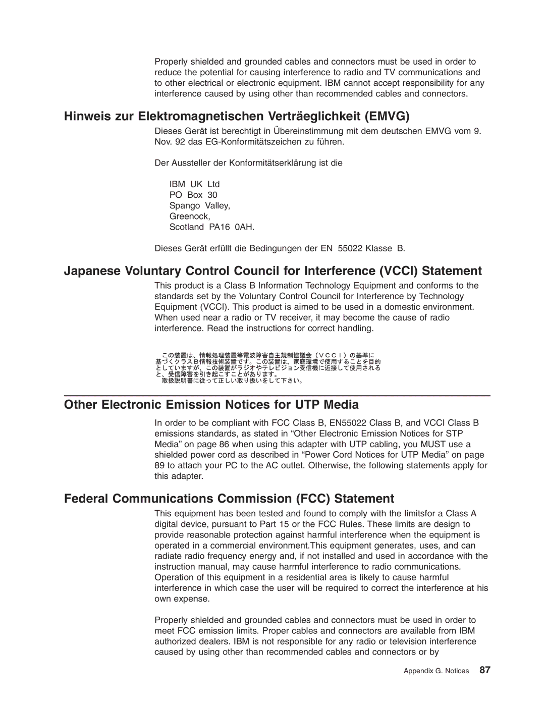 IBM 16/4 Token-Ring Hinweis zur Elektromagnetischen Verträeglichkeit Emvg, Other Electronic Emission Notices for UTP Media 