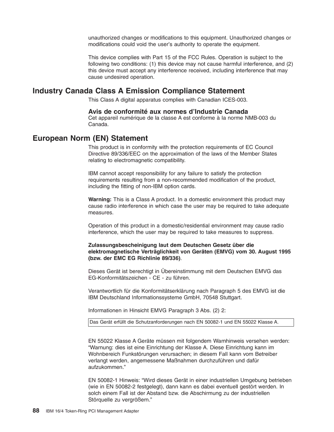 IBM 16/4 Token-Ring manual Industry Canada Class a Emission Compliance Statement 