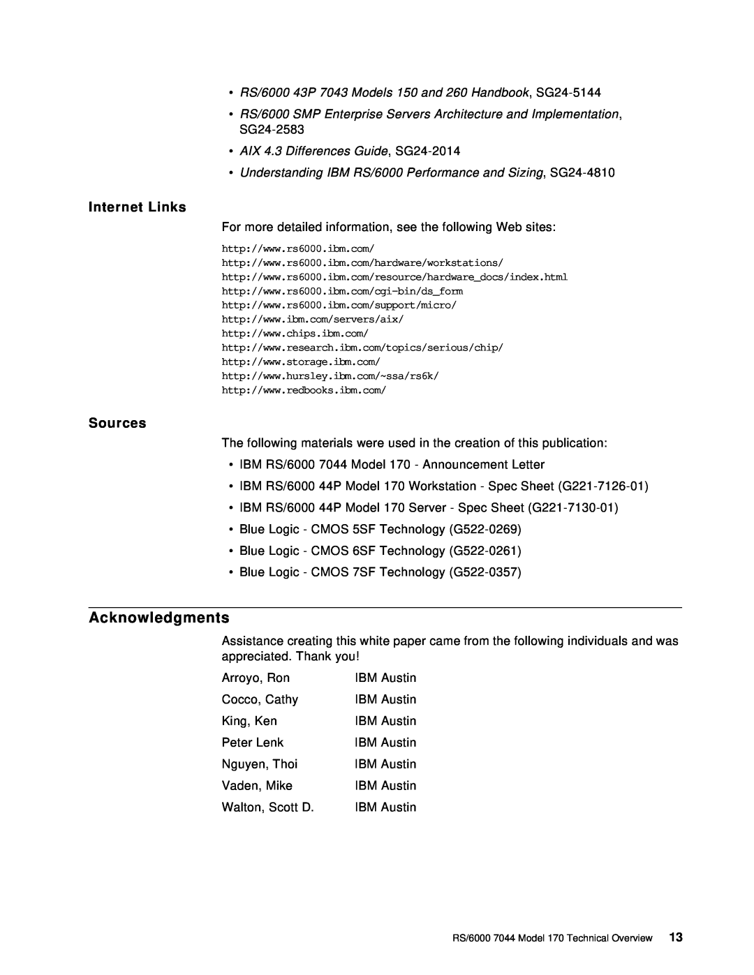 IBM 170 manual Acknowledgments, Internet Links, Sources, RS/6000 43P 7043 Models 150 and 260 Handbook, SG24-5144 