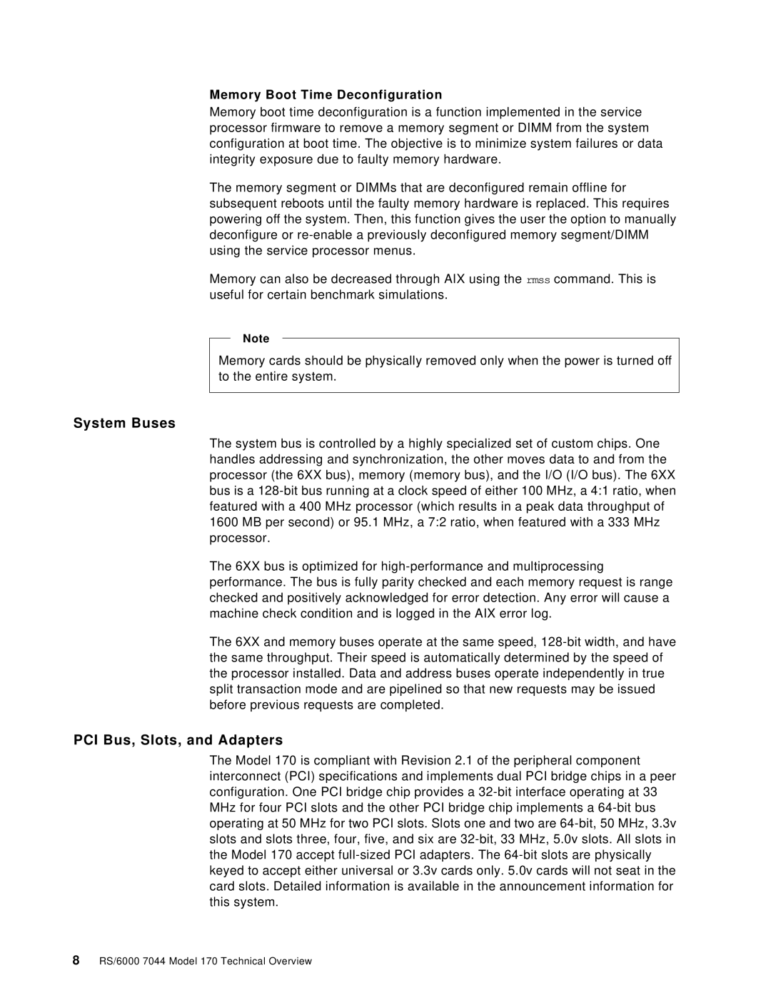 IBM 170 manual System Buses, PCI Bus, Slots, and Adapters, Memory Boot Time Deconfiguration 