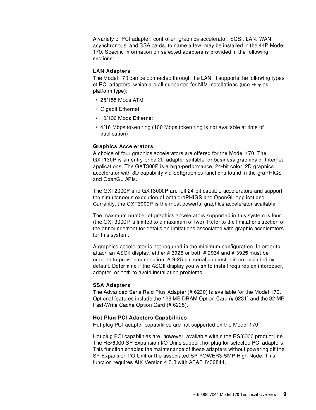 IBM 170 manual LAN Adapters, Graphics Accelerators, SSA Adapters, Hot Plug PCI Adapters Capabilities 