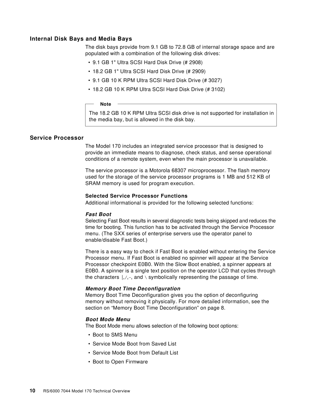 IBM 170 manual Internal Disk Bays and Media Bays, Selected Service Processor Functions 