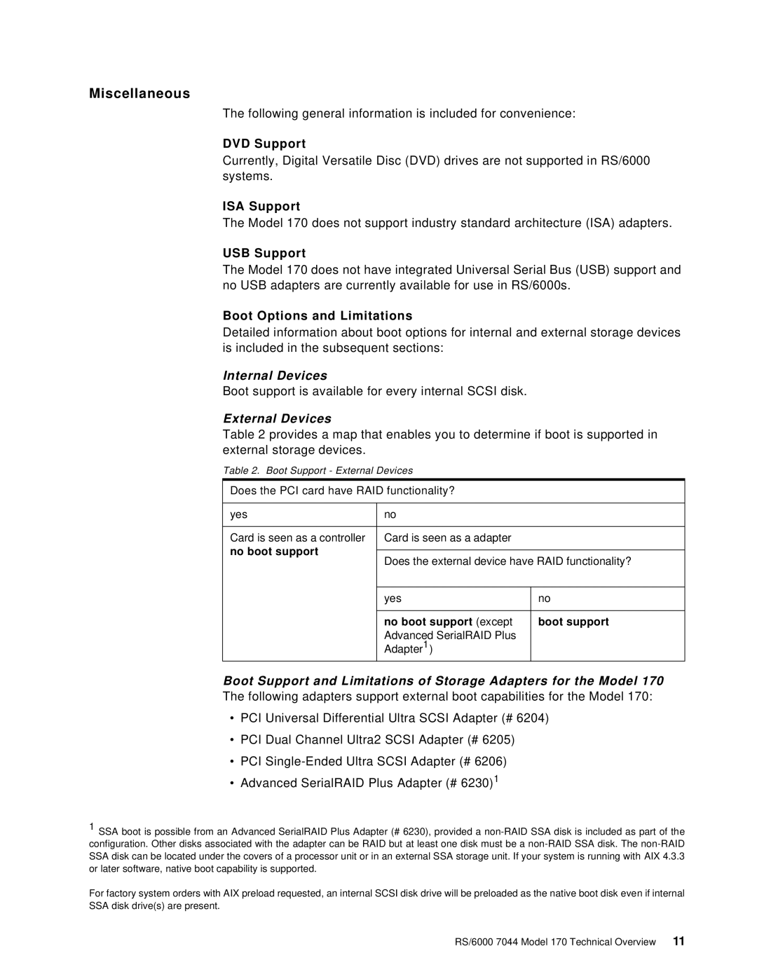 IBM 170 manual Miscellaneous, DVD Support, ISA Support, USB Support, Boot Options and Limitations 