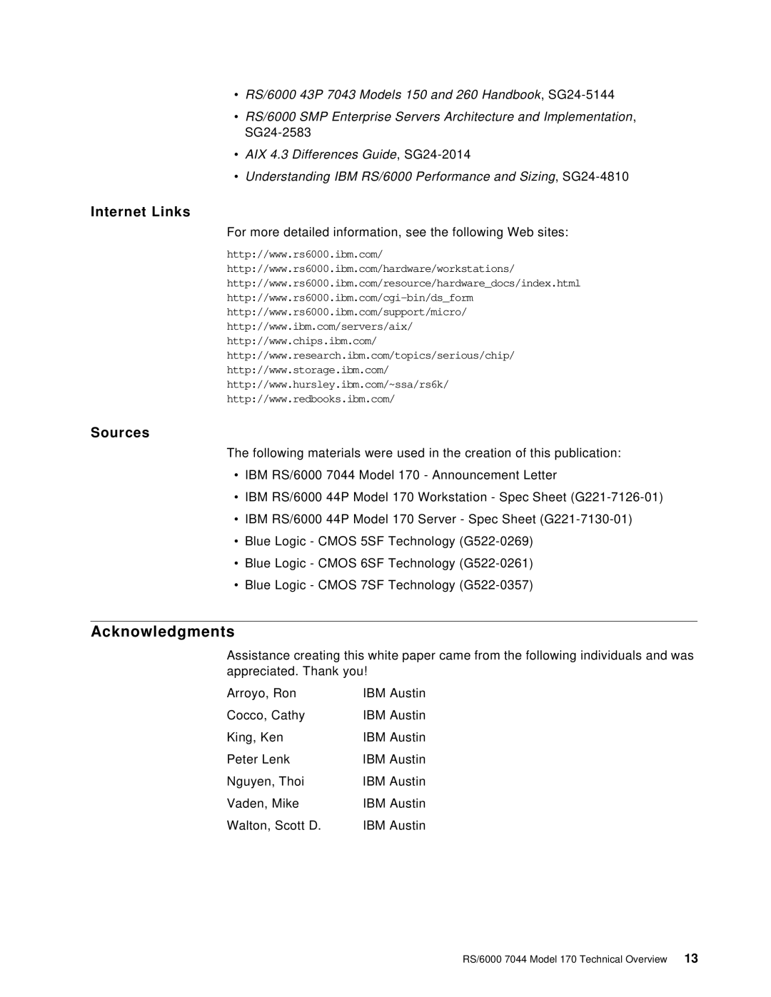 IBM 170 manual Acknowledgments, Internet Links, Sources 