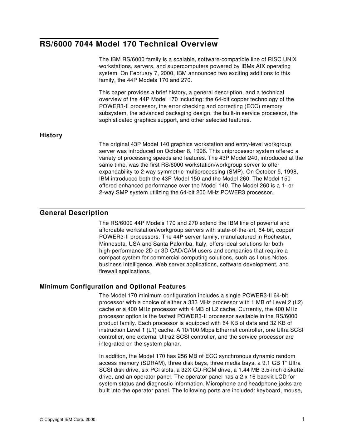 IBM 170 manual General Description, History, Minimum Configuration and Optional Features 