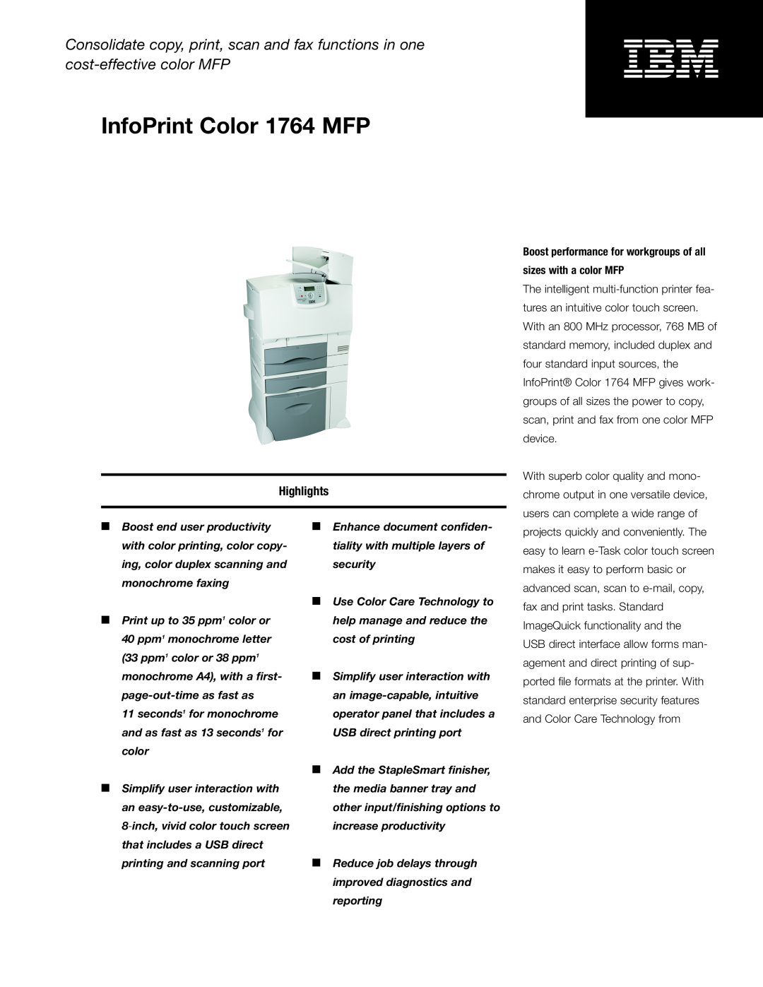 IBM manual Highlights, Boost performance for workgroups of all sizes with a color MFP, InfoPrint Color 1764 MFP 