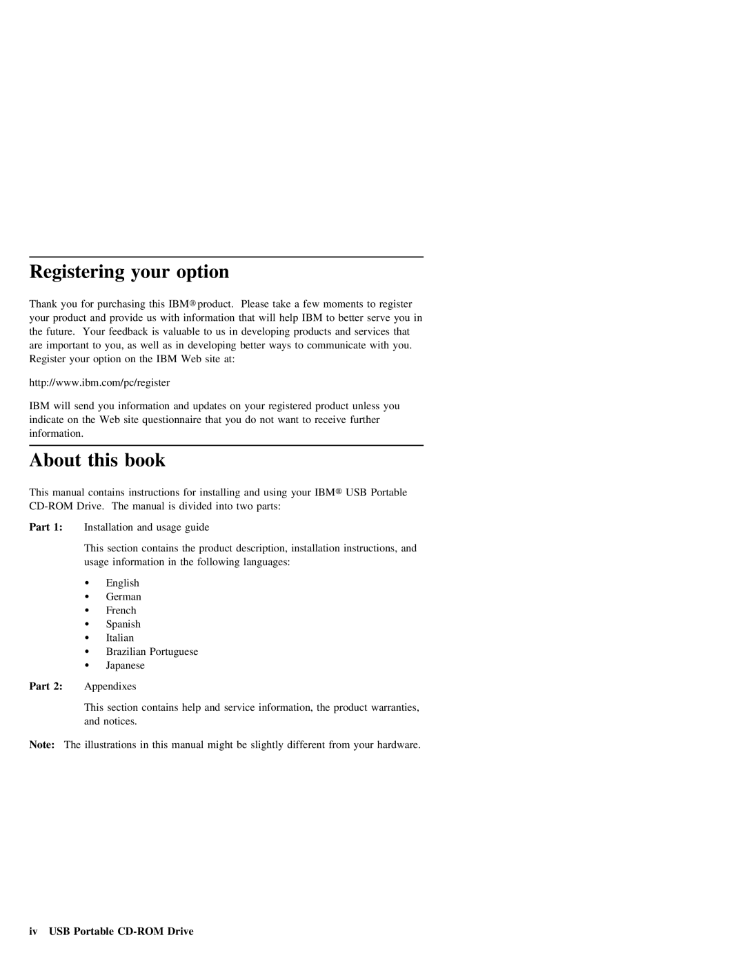 IBM 19K4206PT1 manual Registering your option, About this book, Iv USB Portable CD-ROM Drive 