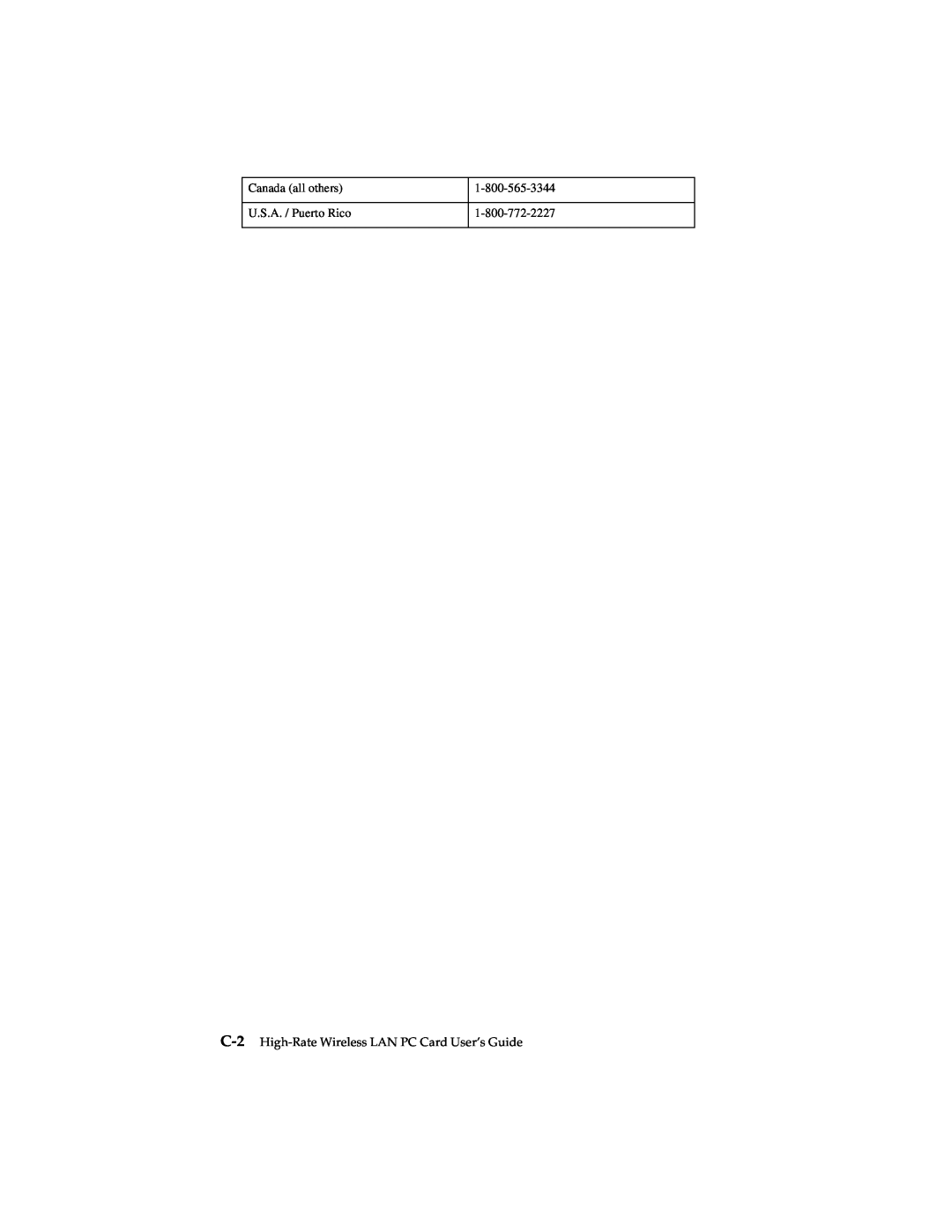 IBM 19K4543 manual Canada all others, U.S.A. / Puerto Rico, C-2 High-Rate Wireless LAN PC Card User’s Guide 