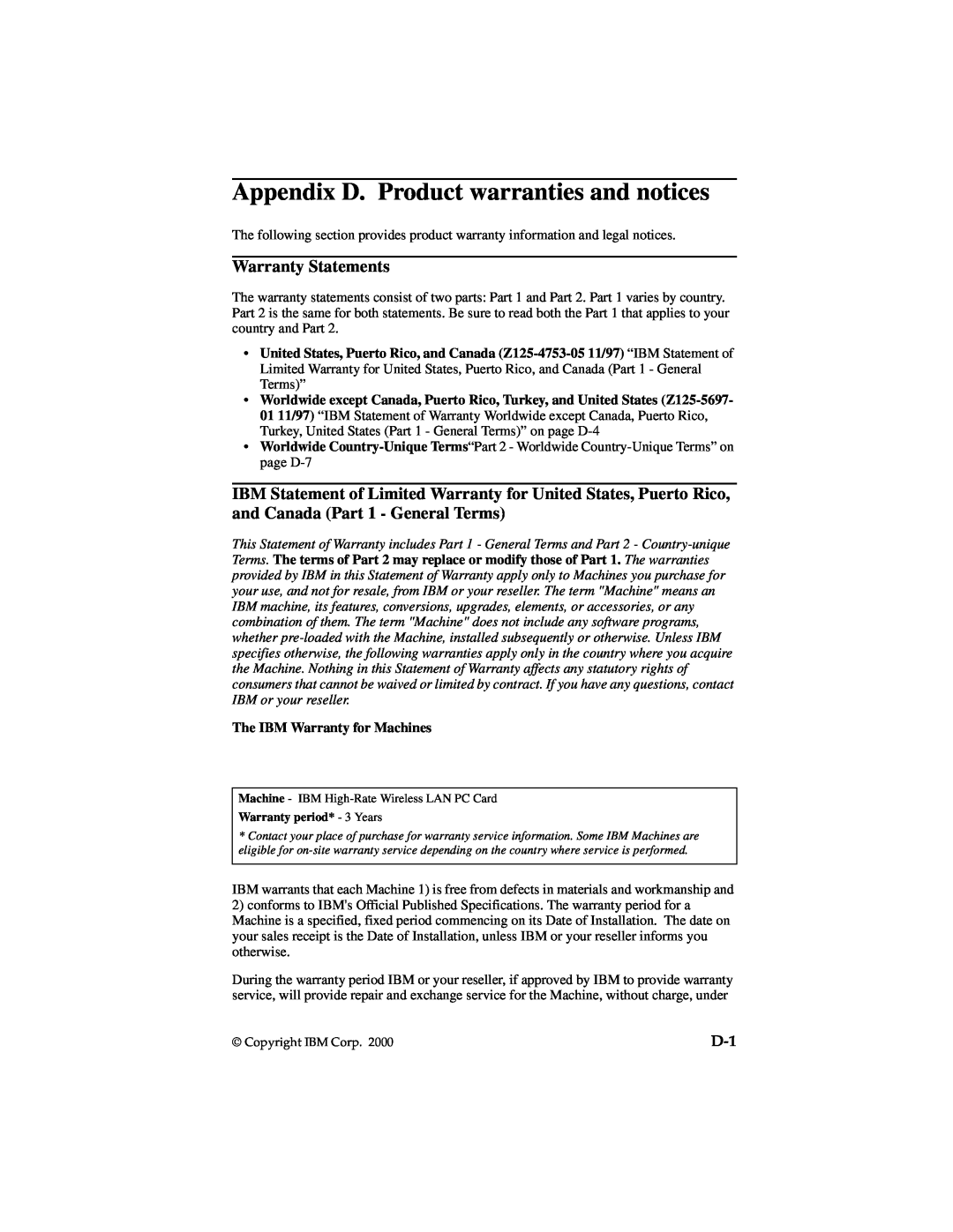 IBM 19K4543 manual Appendix D. Product warranties and notices, Warranty Statements, The IBM Warranty for Machines 