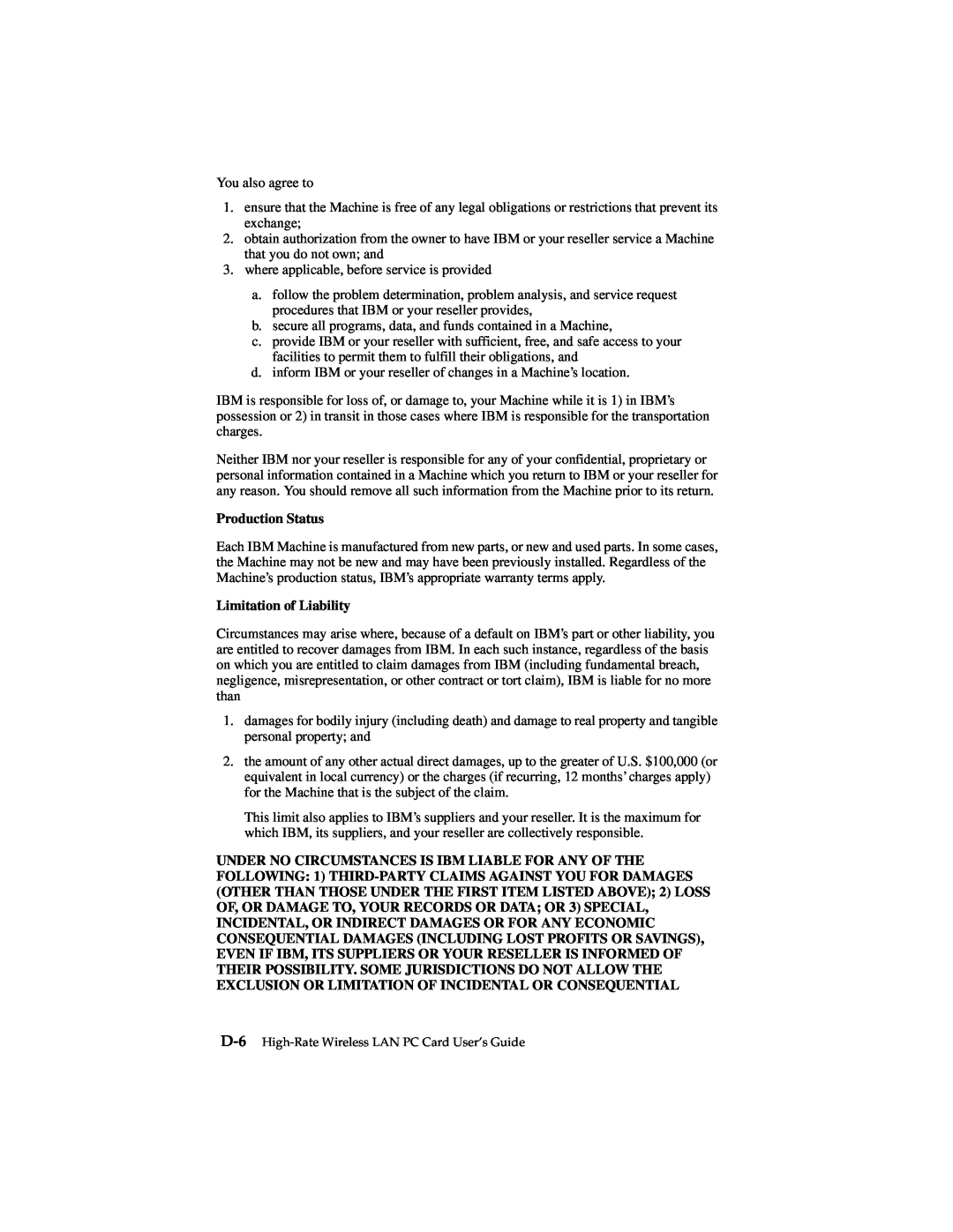 IBM 19K4543 manual Production Status, Limitation of Liability, D-6 High-Rate Wireless LAN PC Card User’s Guide 