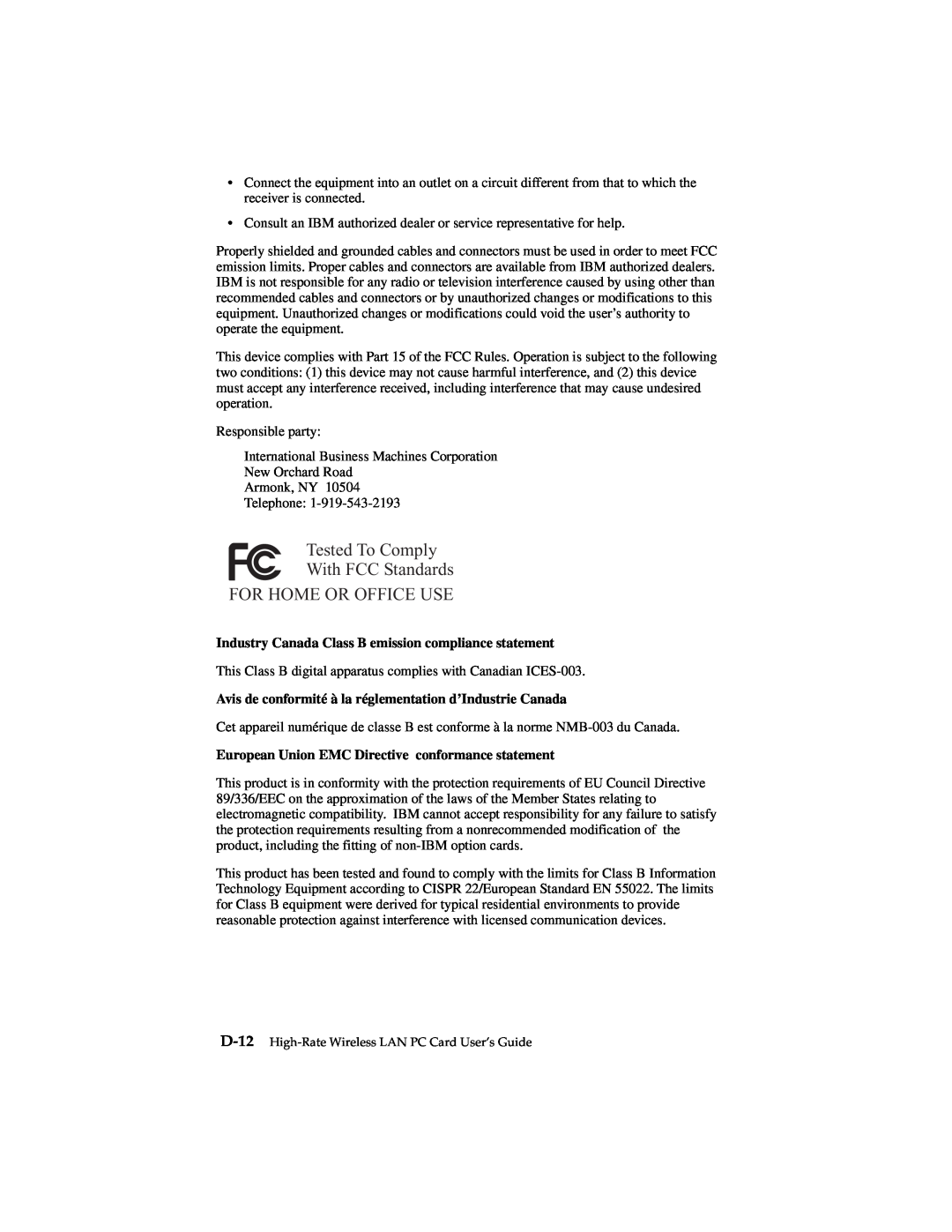 IBM 19K4543 Industry Canada Class B emission compliance statement, European Union EMC Directive conformance statement 