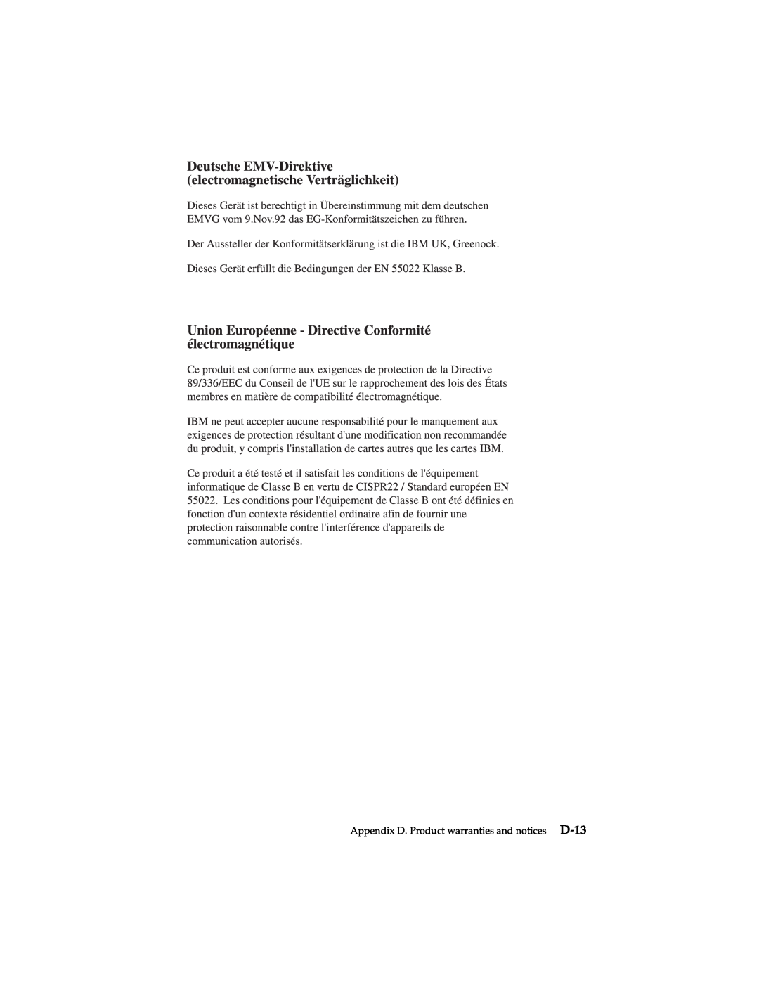 IBM 19K4543 manual Appendix D. Product warranties and notices D-13 