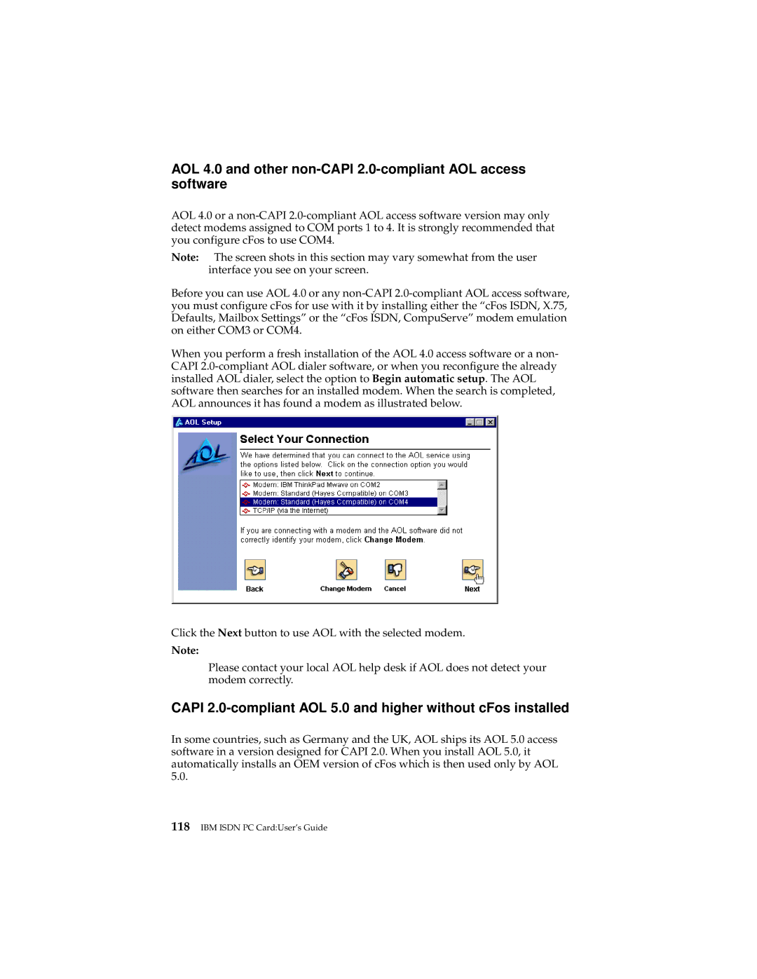 IBM 19K5716 manual AOL 4.0 and other non-CAPI 2.0-compliant AOL access software 