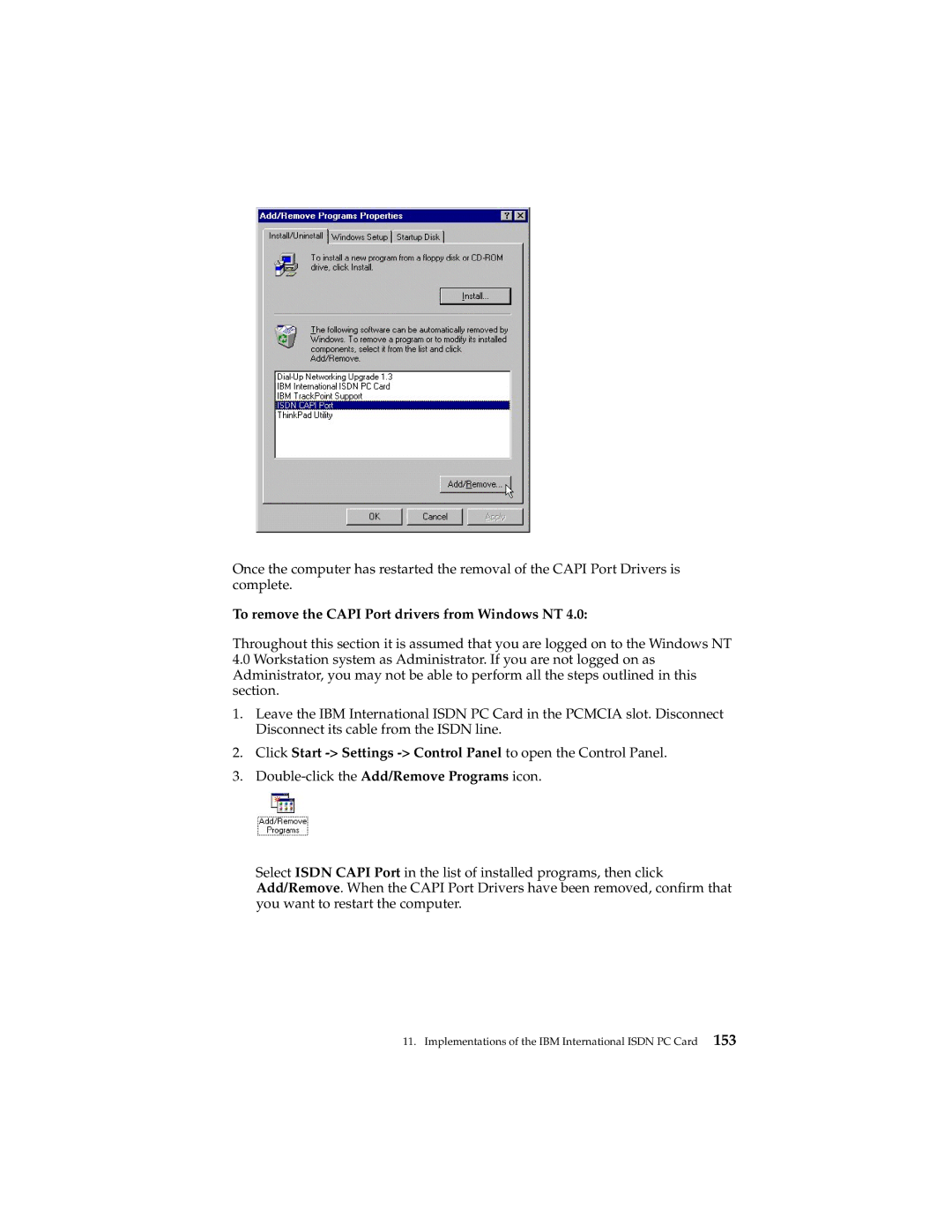 IBM 19K5716 manual To remove the Capi Port drivers from Windows NT 