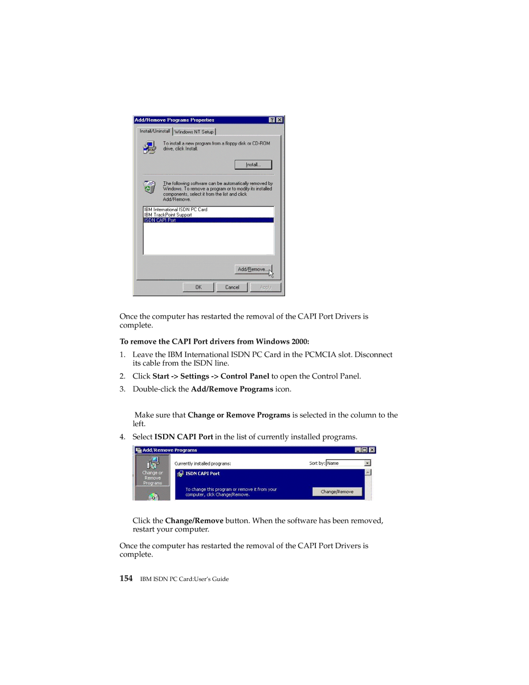 IBM 19K5716 manual To remove the Capi Port drivers from Windows 