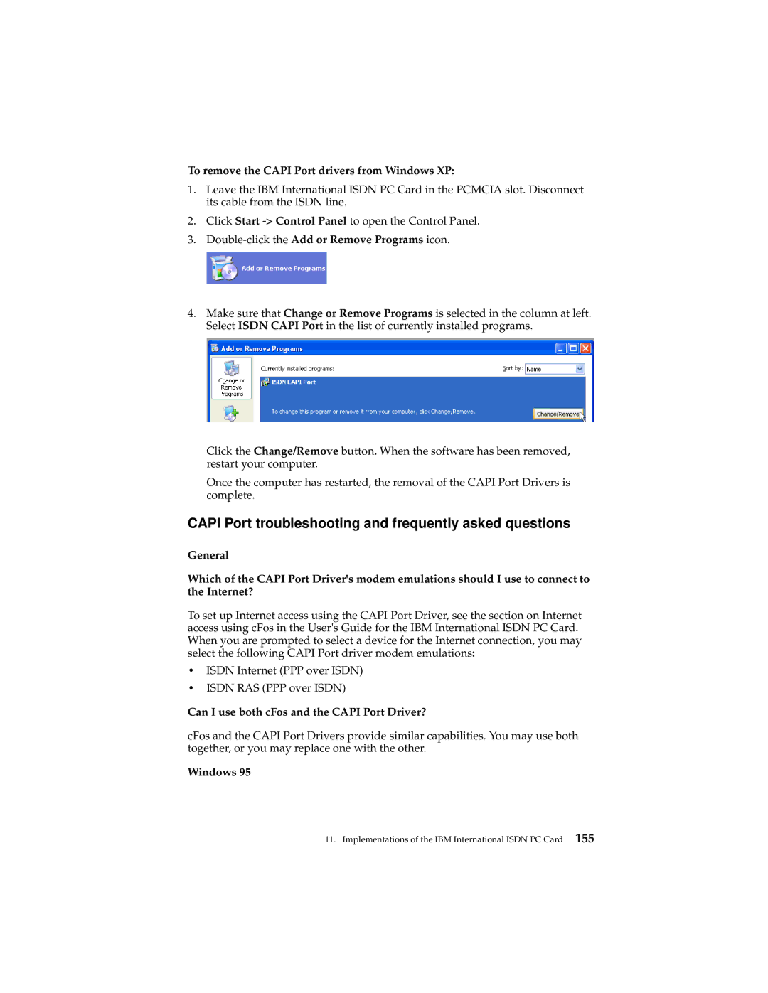 IBM 19K5716 Capi Port troubleshooting and frequently asked questions, To remove the Capi Port drivers from Windows XP 