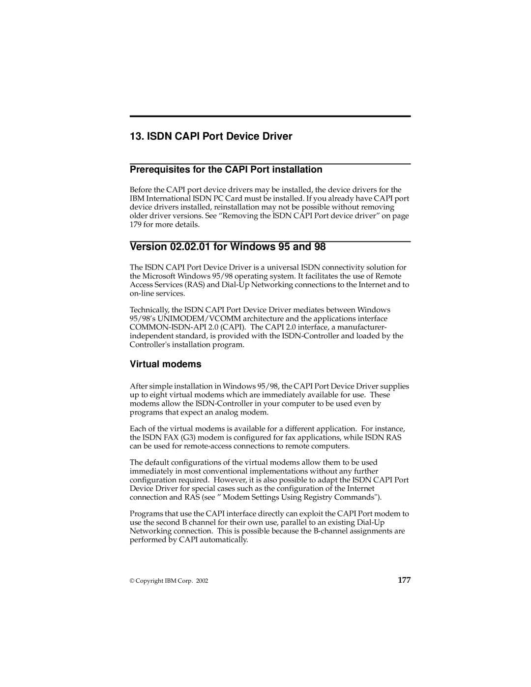 IBM 19K5716 manual Isdn Capi Port Device Driver, Version 02.02.01 for Windows 95, Virtual modems 