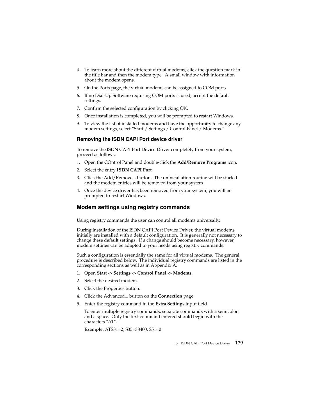 IBM 19K5716 manual Modem settings using registry commands, Removing the Isdn Capi Port device driver 