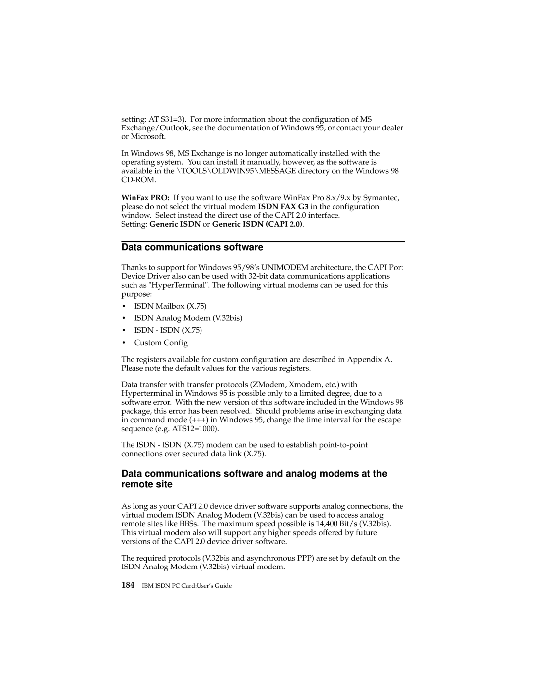 IBM 19K5716 manual Data communications software, Setting Generic Isdn or Generic Isdn Capi 