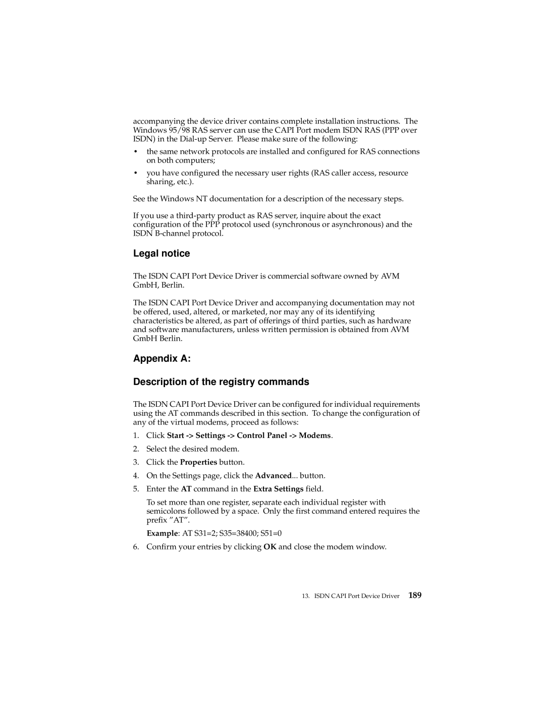 IBM 19K5716 manual Legal notice, Appendix a Description of the registry commands, Click Start Settings Control Panel Modems 