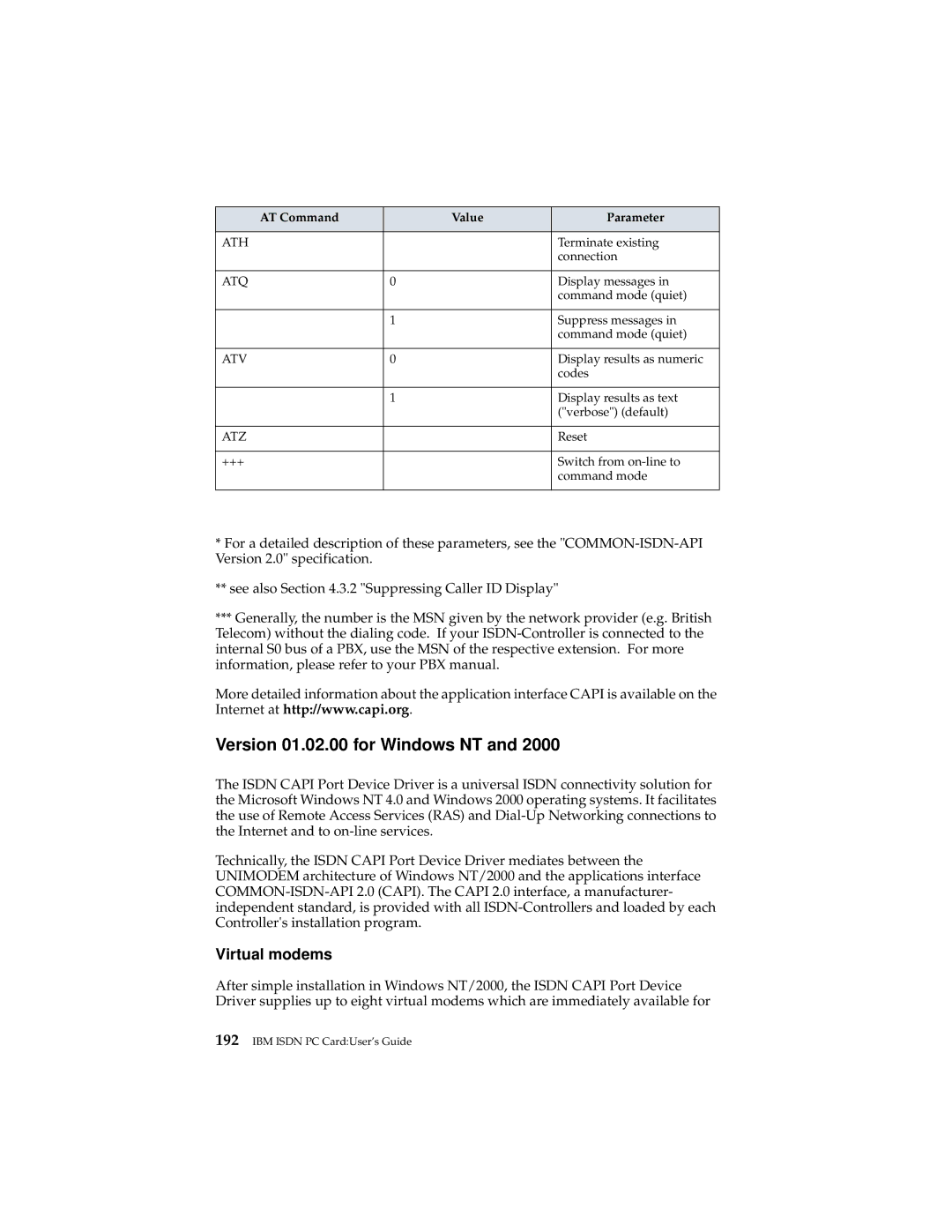 IBM 19K5716 manual Version 01.02.00 for Windows NT, Virtual modems 