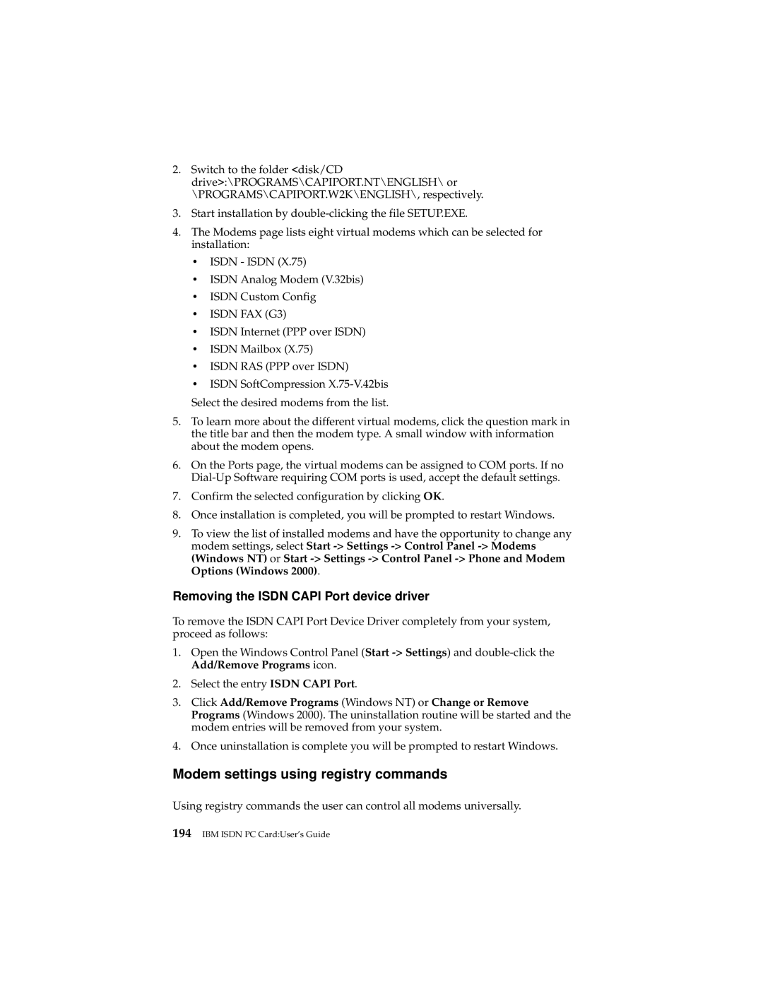 IBM 19K5716 manual Modem settings using registry commands 