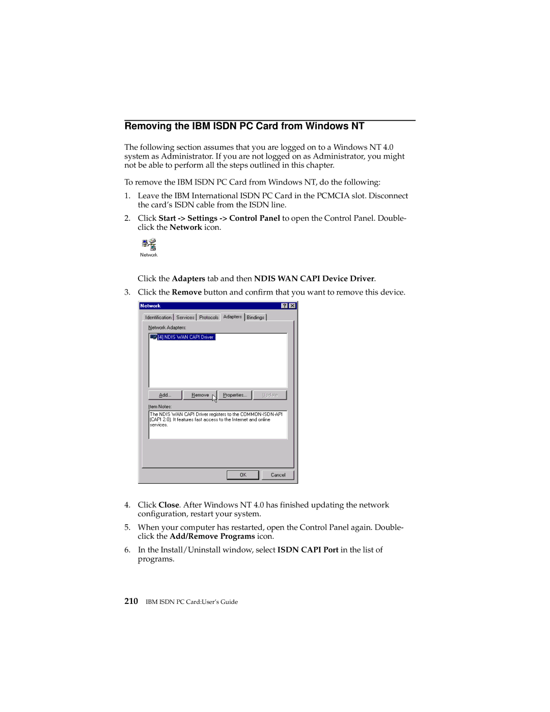 IBM 19K5716 Removing the IBM Isdn PC Card from Windows NT, Click the Adapters tab and then Ndis WAN Capi Device Driver 