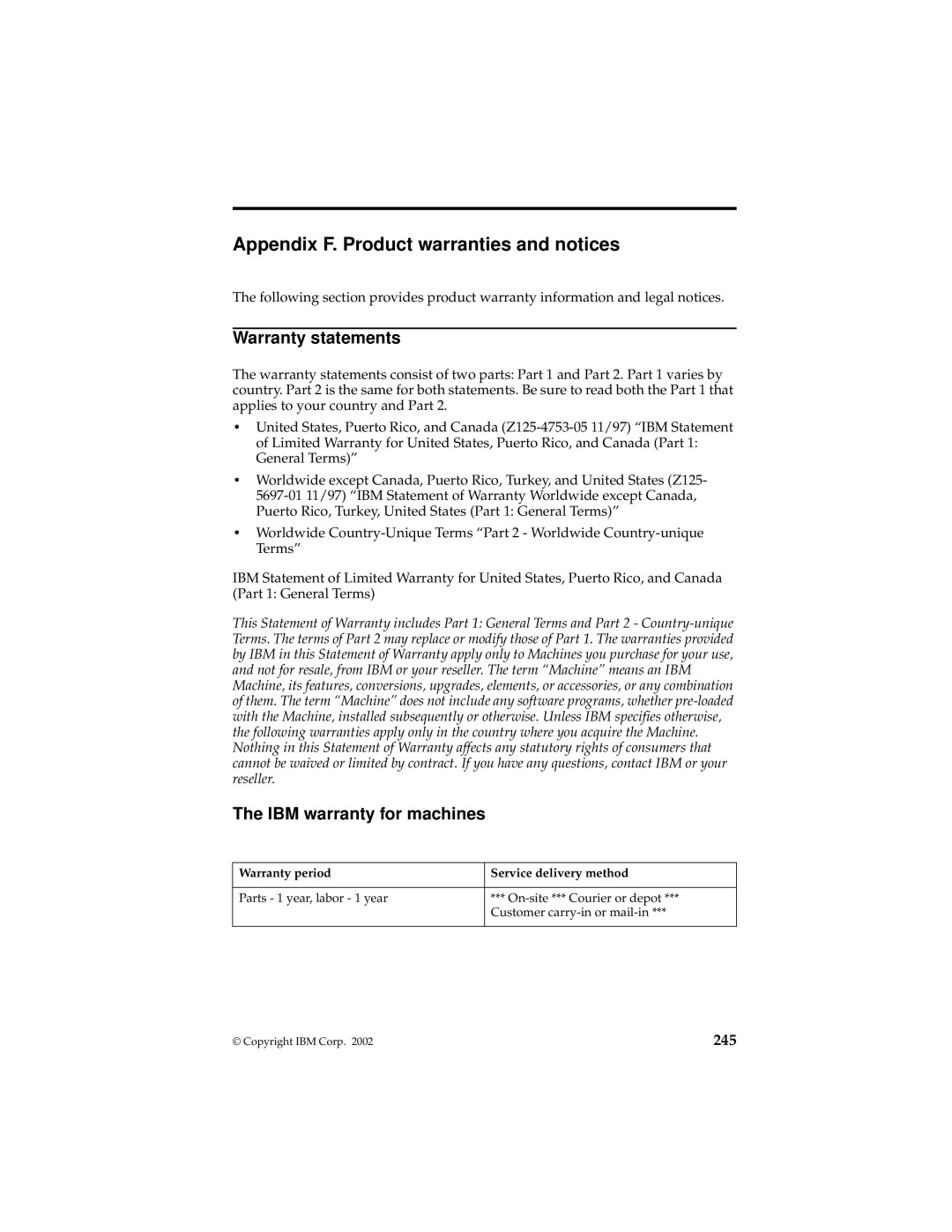 IBM 19K5716 manual Appendix F. Product warranties and notices, Warranty statements, IBM warranty for machines 