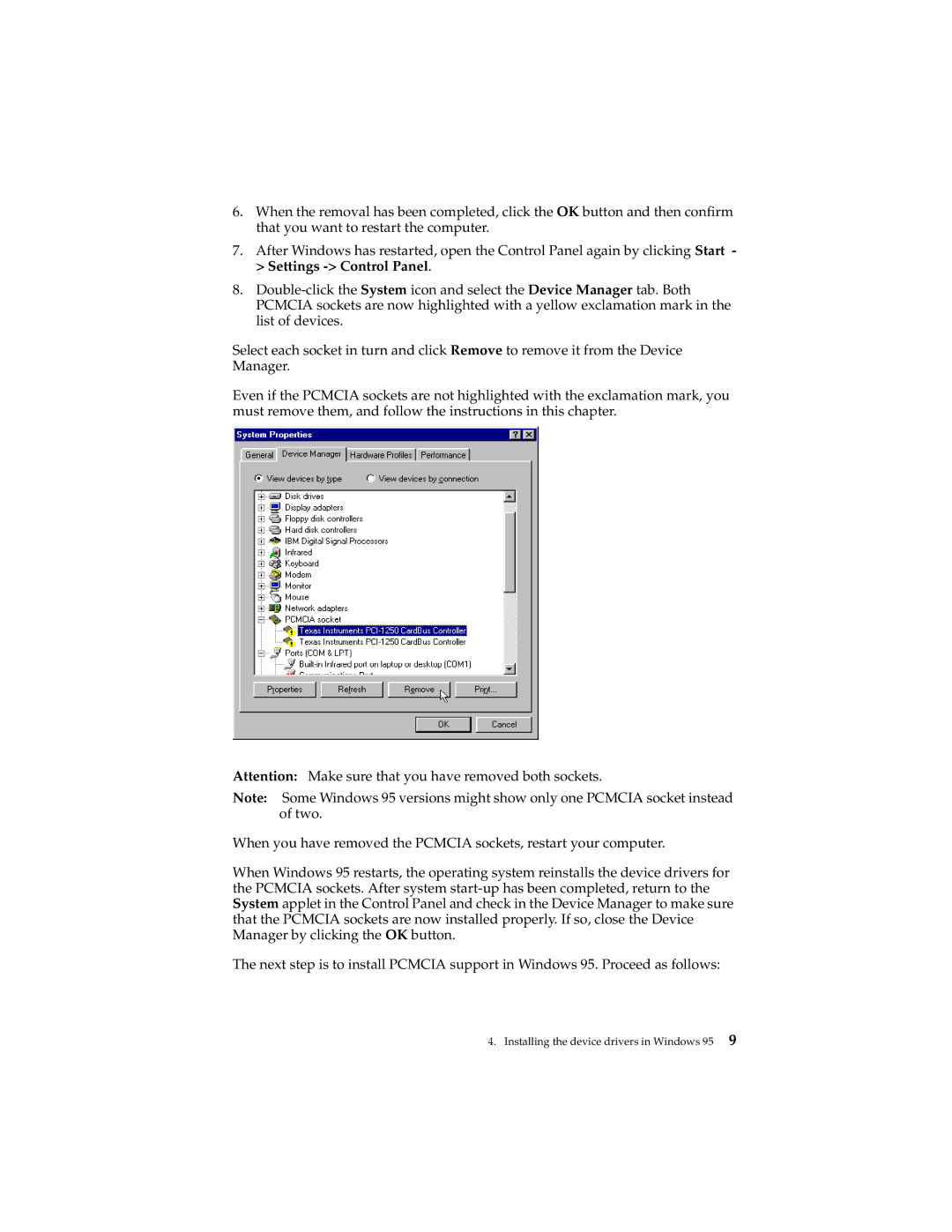 IBM 19K5716 manual Installing the device drivers in Windows 95 