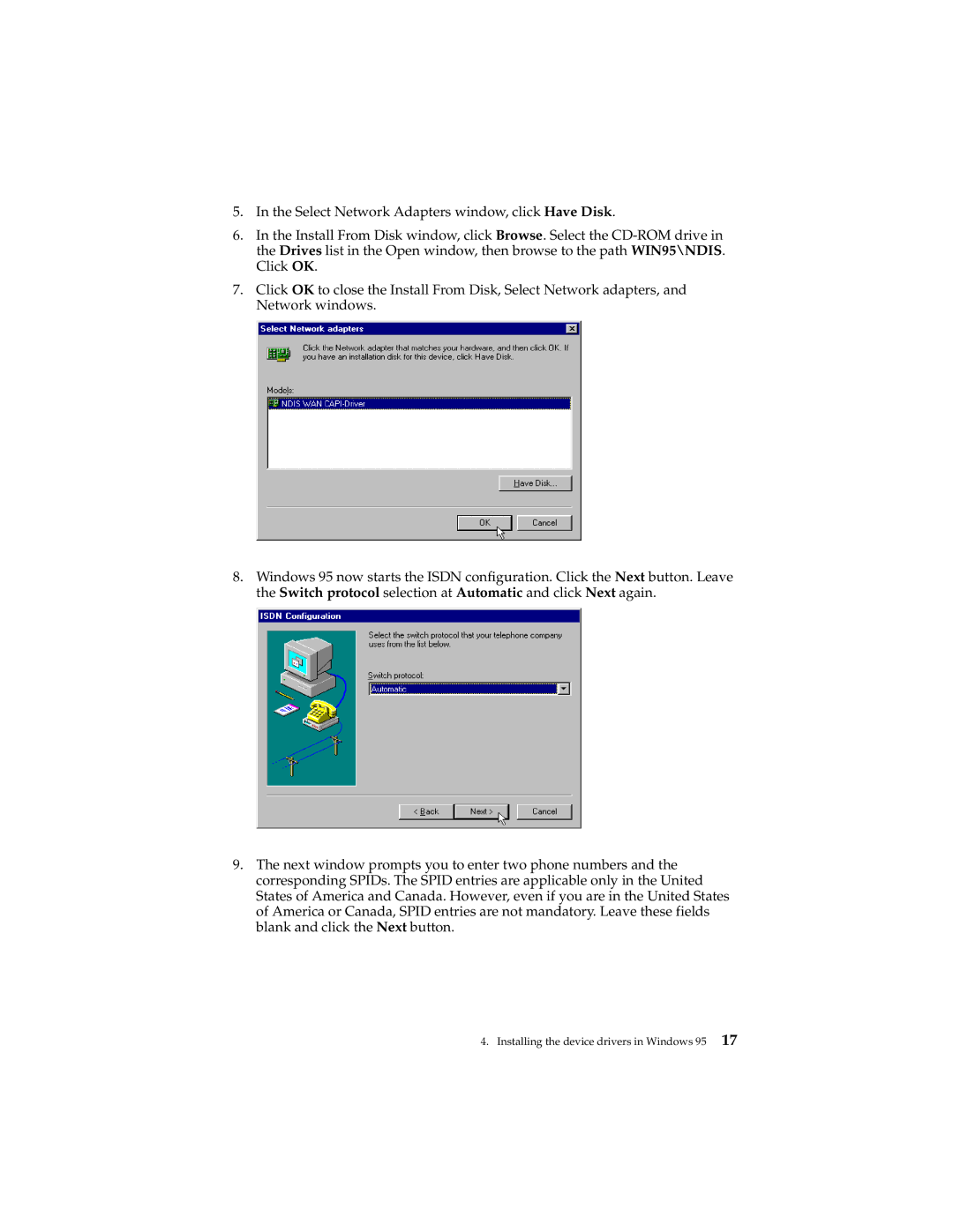 IBM 19K5716 manual Installing the device drivers in Windows 95 