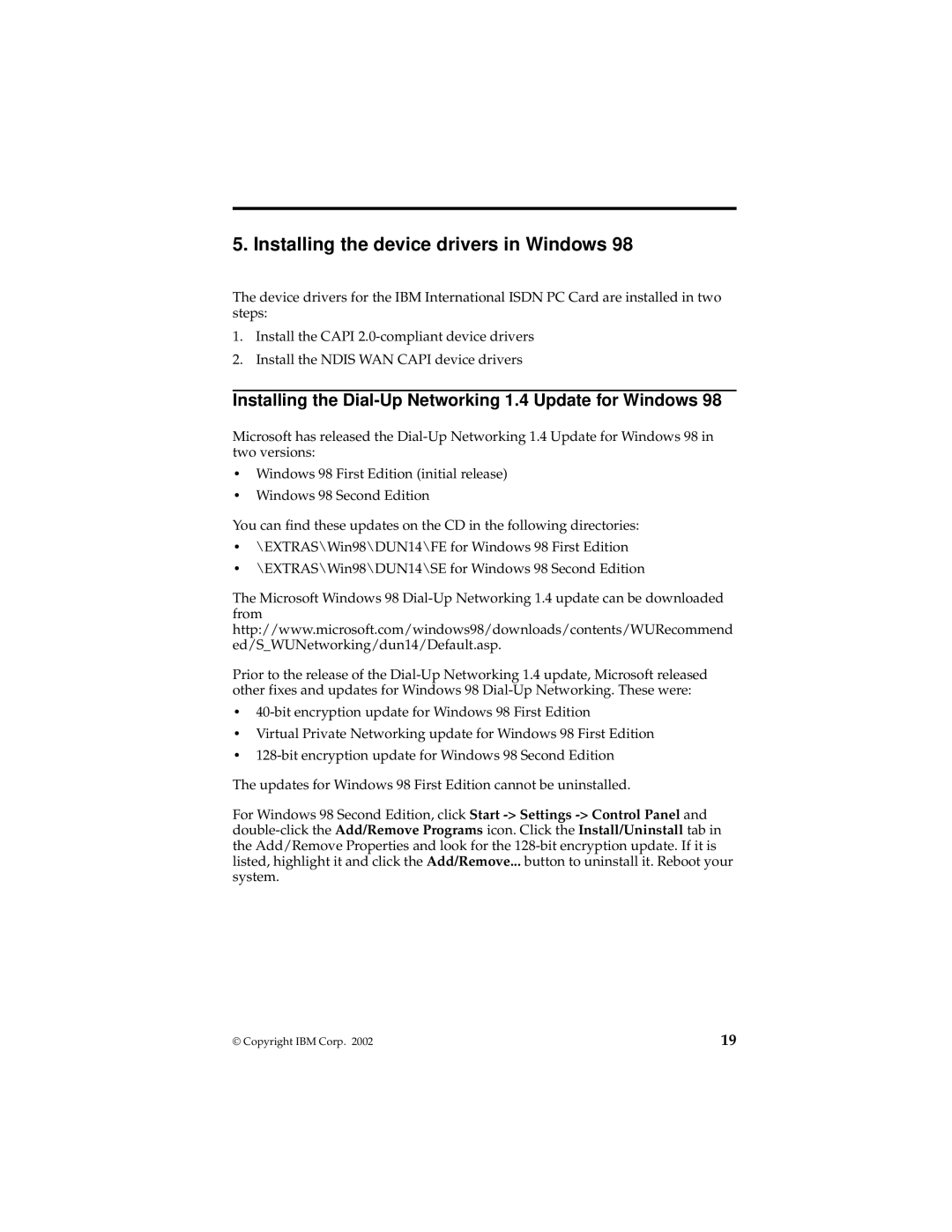 IBM 19K5716 manual Installing the device drivers in Windows, Installing the Dial-Up Networking 1.4 Update for Windows 