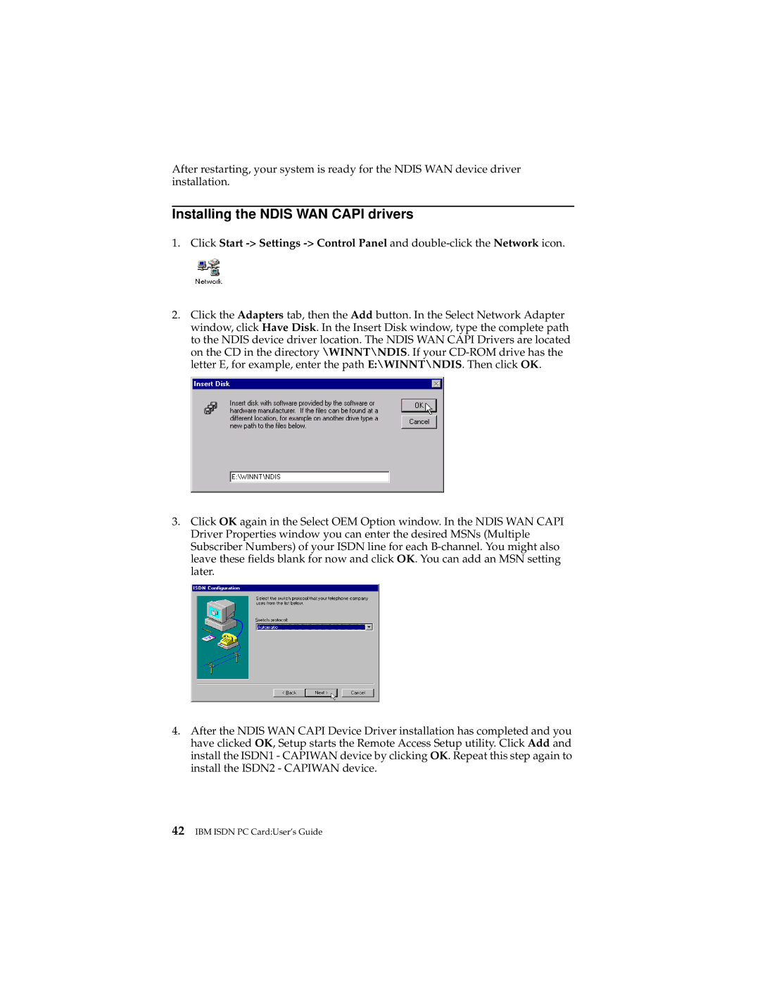 IBM 19K5716 manual Installing the Ndis WAN Capi drivers 