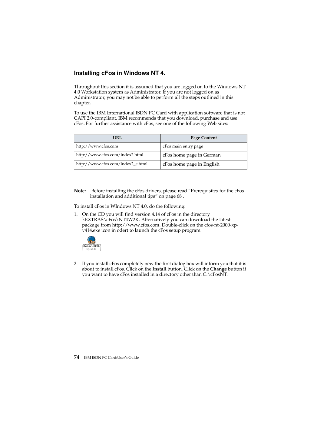 IBM 19K5716 manual Installing cFos in Windows NT 